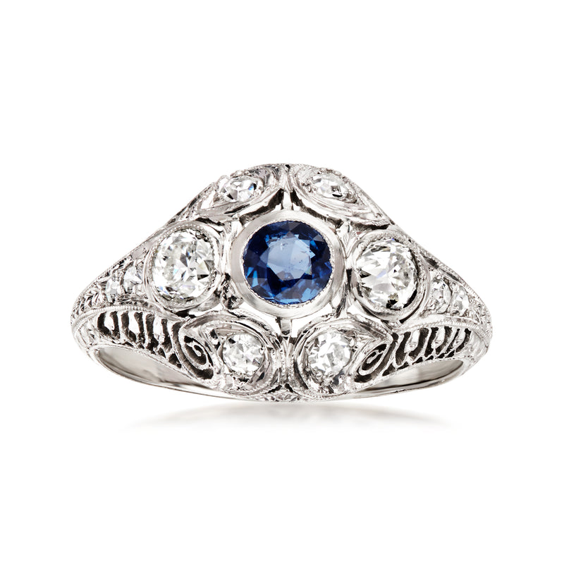 C. 1990 Vintage .35 Carat Sapphire Filigree Ring with .50 ct. t.w. Diamonds in Platinum. Size 6