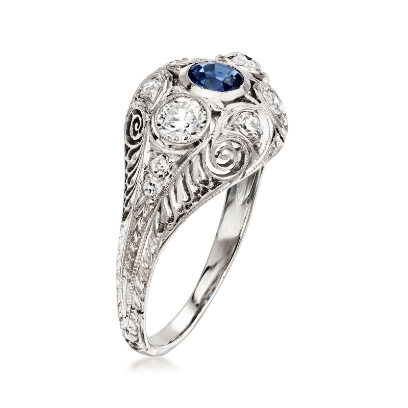C. 1990 Vintage .35 Carat Sapphire Filigree Ring with .50 ct. t.w. Diamonds in Platinum. Size 6