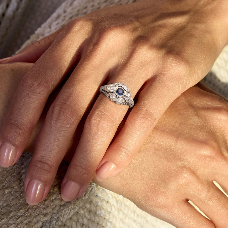 C. 1990 Vintage .35 Carat Sapphire Filigree Ring with .50 ct. t.w. Diamonds in Platinum. Size 6