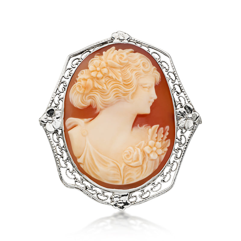 C. 1950 Vintage Brown Shell Cameo Pin in Sterling Silver