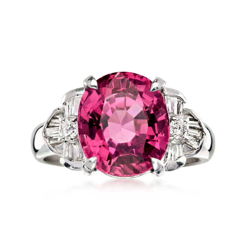 C. 2000 Vintage 4.95 Carat Pink Tourmaline Ring with .32 ct. t.w. Diamonds in Platinum. Size 6