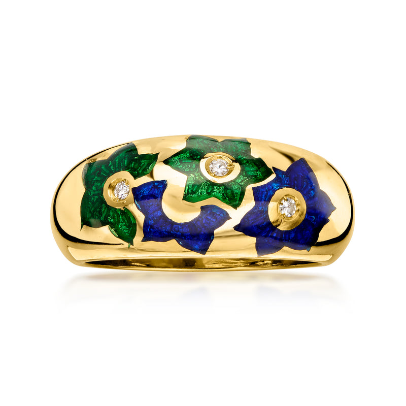 C. 1990 Vintage Blue and Green Enamel Flower Ring with Diamonds in 18kt Yellow Gold. Size 7
