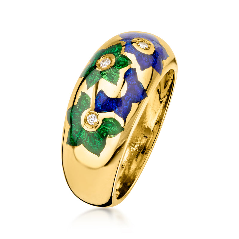 C. 1990 Vintage Blue and Green Enamel Flower Ring with Diamonds in 18kt Yellow Gold. Size 7