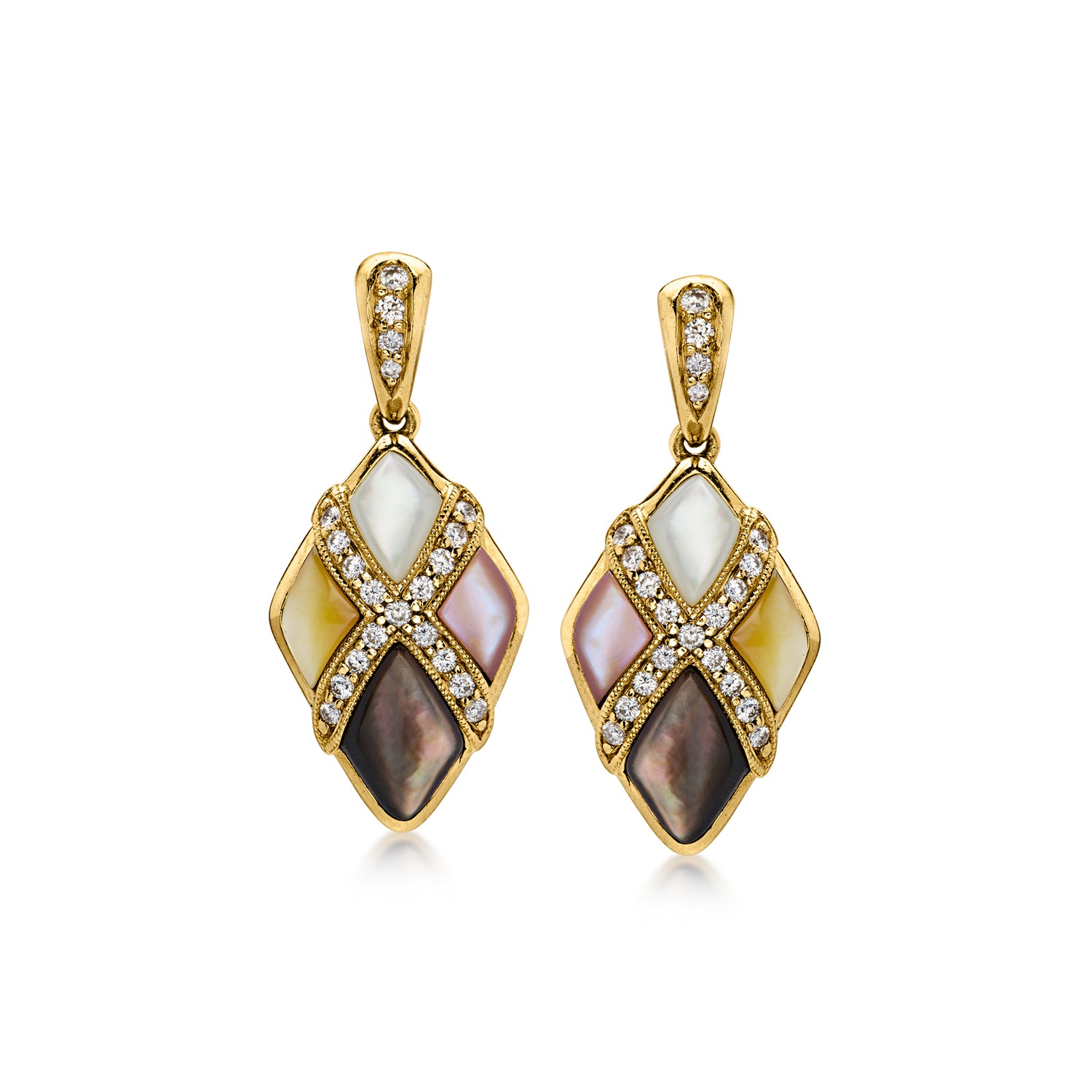 C. 1990 Vintage Kabana Multicolored Mother-of-Pearl and .50 ct. t.w. Diamond Drop Earrings in 14kt Yellow Gold