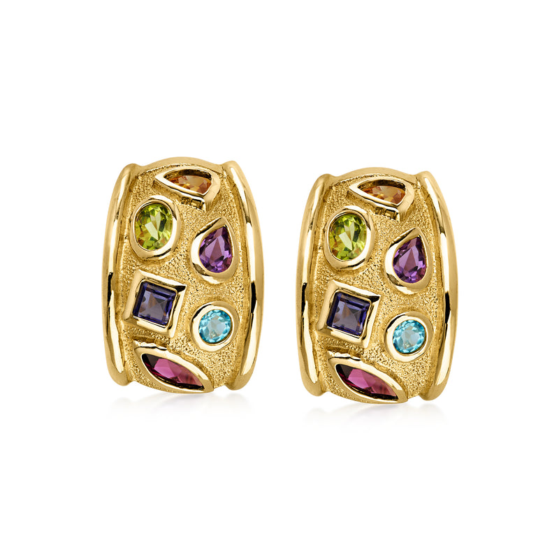 C. 1980 Vintage 3.90 ct. t.w. Multi-Gemstone Curved Earrings in 14kt Yellow Gold
