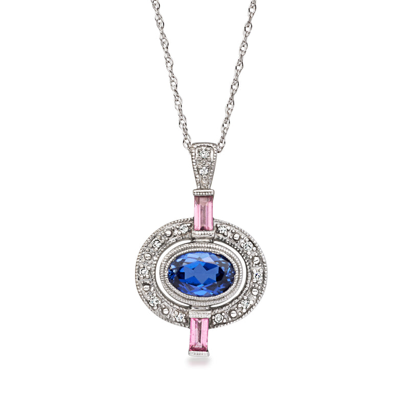 C. 2000 Vintage 1.00 Carat Sapphire Pendant Necklace with .20 ct. t.w. Morganite and .10 ct. t.w. Diamonds in 14kt White Gold. 18"