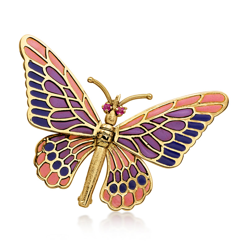 C. 1970 Vintage Multicolored Enamel Plique-A-Jour Butterfly Pin with Rubies in 18kt Yellow Gold