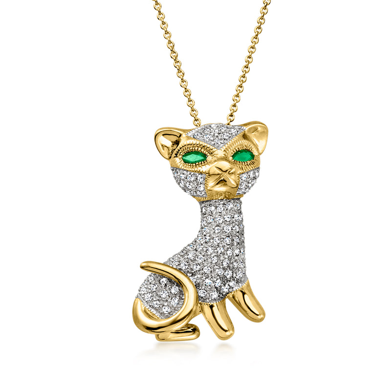C. 1990 Vintage .50 ct. t.w. Diamond Cat Pendant Necklace with .11 ct. t.w. Emeralds in 18kt Yellow Gold. 16"