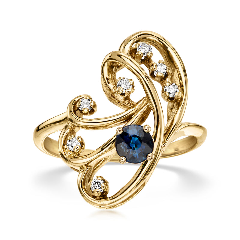 C. 1970 Vintage .35 Carat Sapphire Swirl Ring with .18 ct. t.w. Diamonds in 10kt Yellow Gold. Size 7