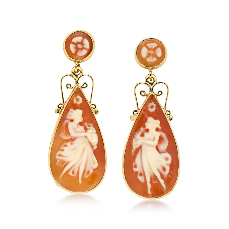 C. 1980 Vintage Brown Shell Cameo Drop Earrings in 14kt Yellow Gold