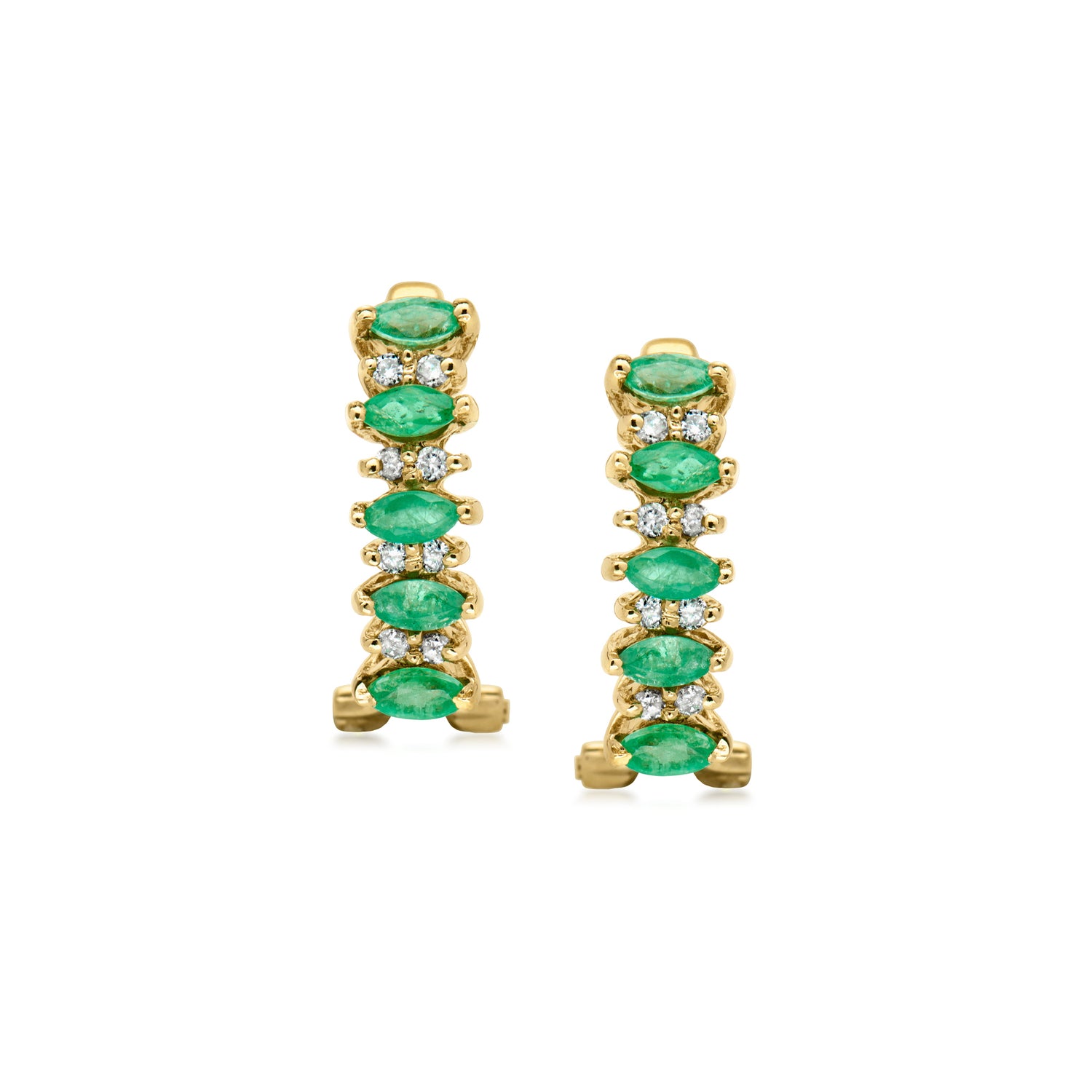 Pre-owned Ross-simons C. 1980 Vintage .50 Ct. T.w. Emerald And .25 Ct. T.w. Diamond Curved Earrings In 14kt Yellow Gold
