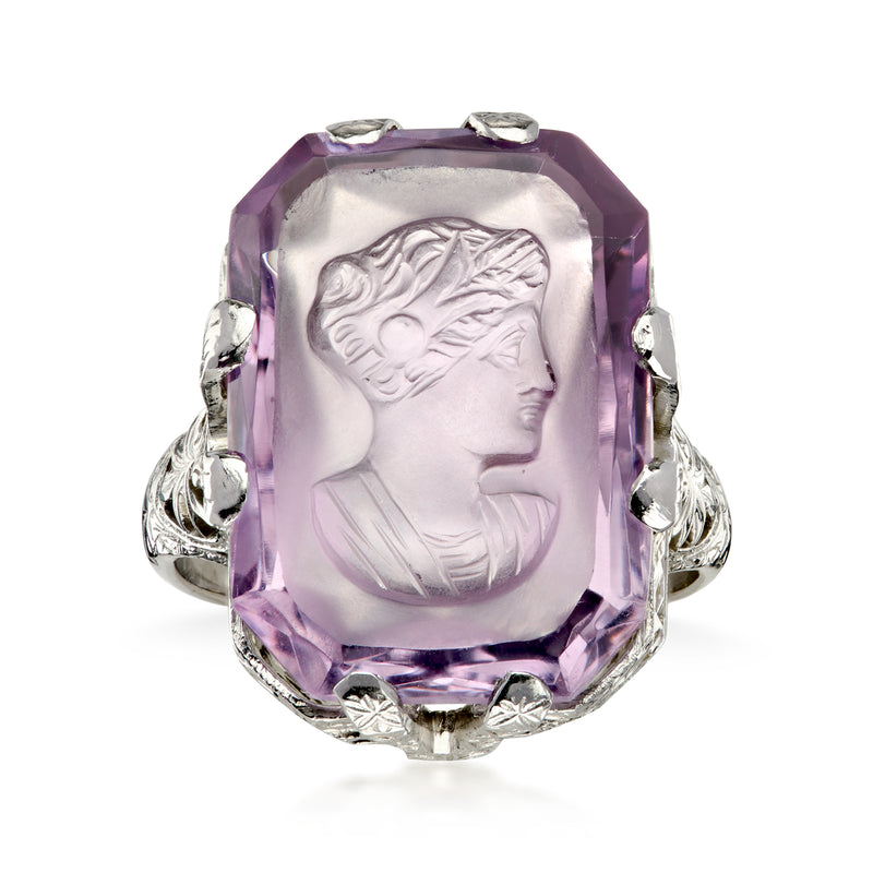 C. 1950 Vintage 11.00 Carat Amethyst Intaglio Filigree Ring in 14kt White Gold. Size 6