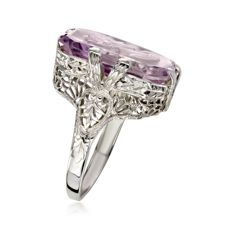 C. 1950 Vintage 11.00 Carat Amethyst Intaglio Filigree Ring in 14kt White Gold. Size 6