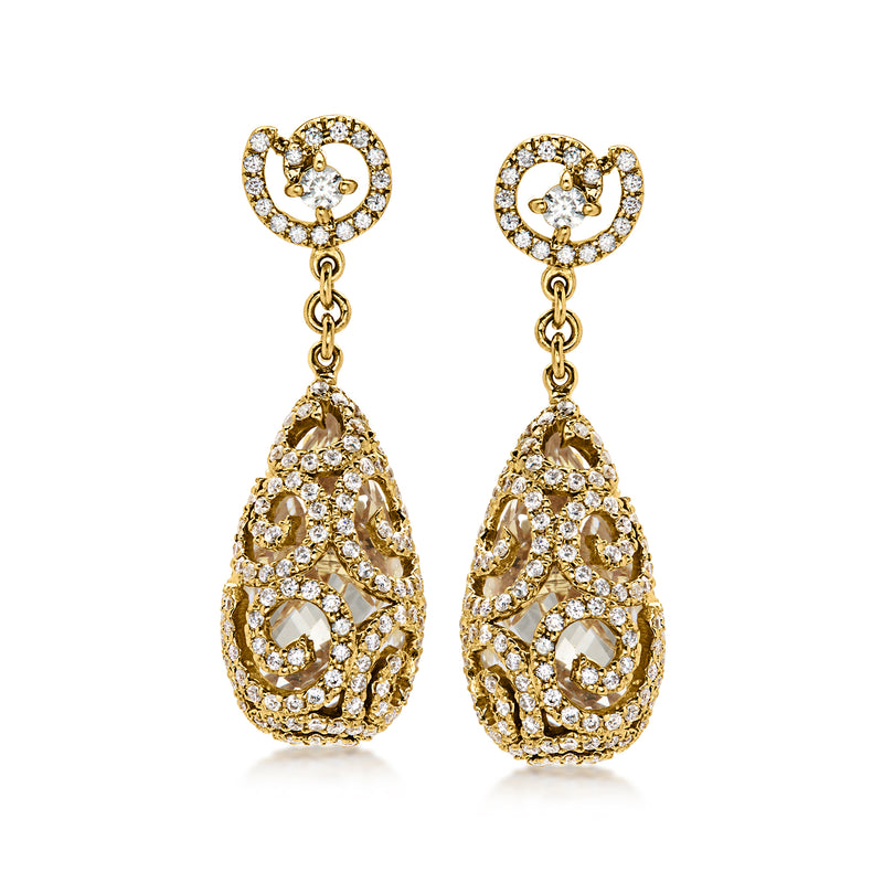 C. 1990 Vintage 14.00 ct. t.w. Rock Crystal and 2.00 ct. t.w. Diamond Drop Earrings in 18kt Yellow Gold