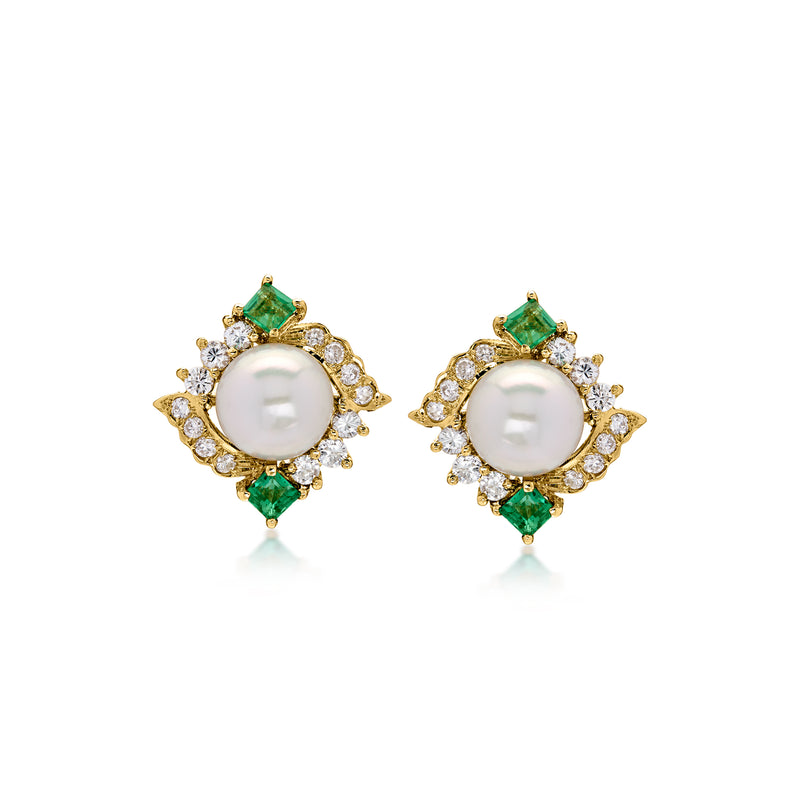 C. 1980 Vintage 7mm Cultured Pearl and .60 ct. t.w. Emerald Earrings with .68 ct. t.w. Diamonds in 18kt Yellow Gold