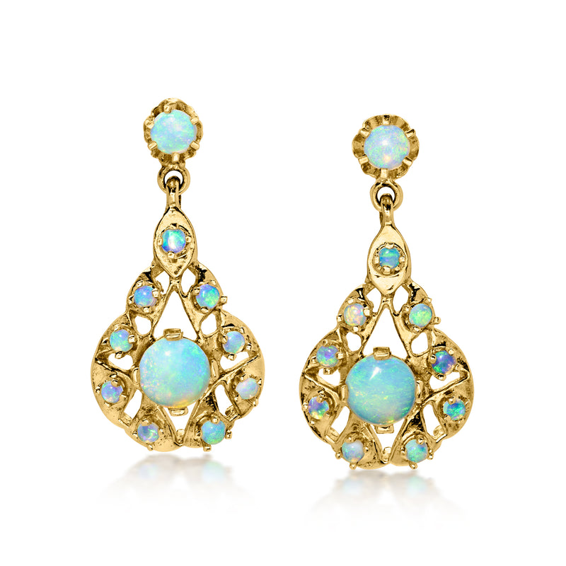 C. 1980 Vintage Opal Openwork Drop Earrings in 14kt Yellow Gold
