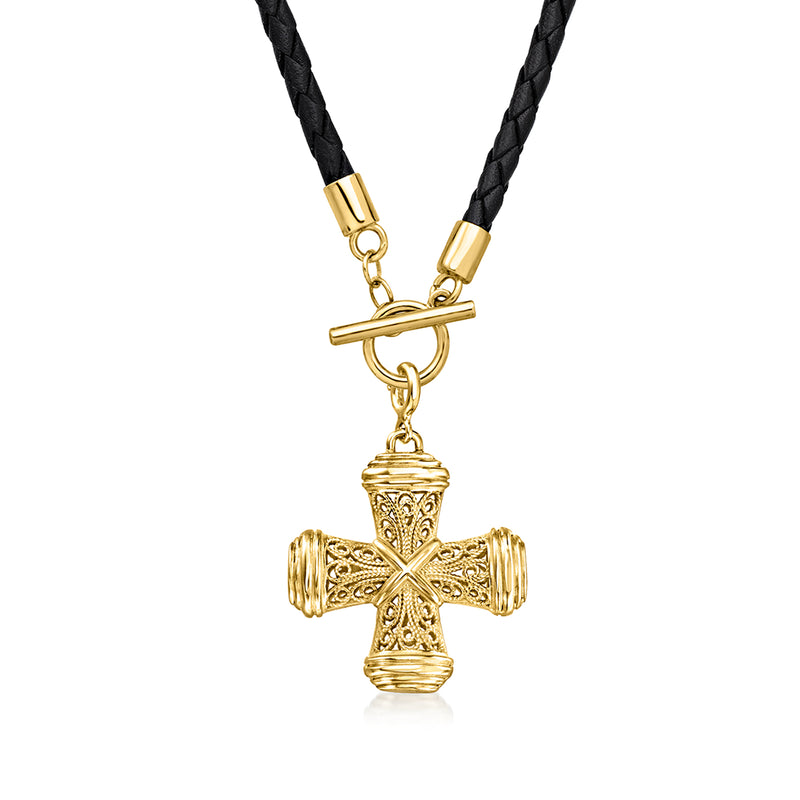 Gold-plated filigree cross charm necklace on black leather cord