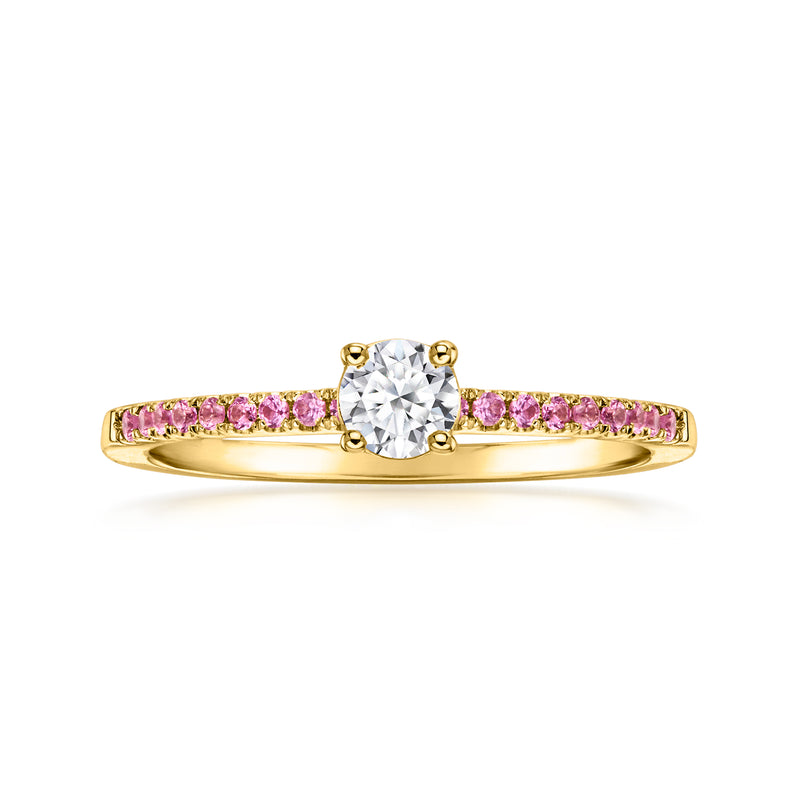 10kt yellow gold ring with round center lab-grown diamond and pink sapphire band