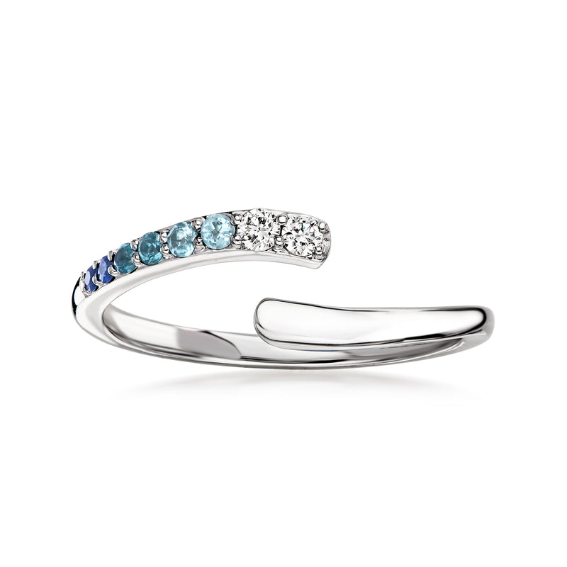 10kt white gold wrap ring with blue and clear gemstone bands and diamond accents