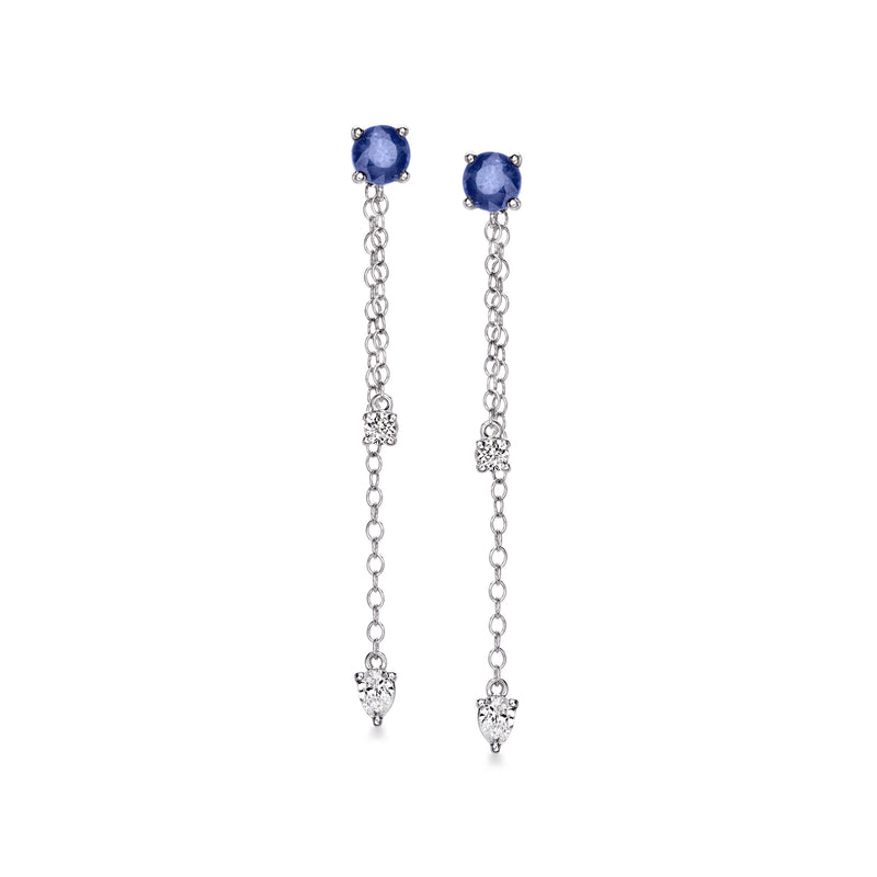 Sterling silver sapphire drop earrings with long chain and teardrop crystal details