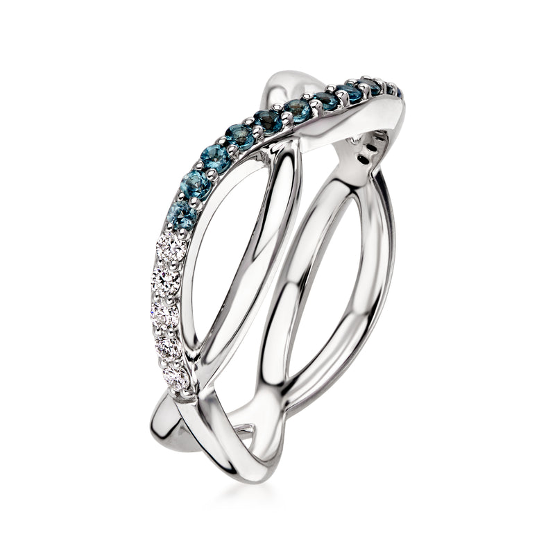 Sterling silver crisscross ring with blue and white lab-grown gemstones