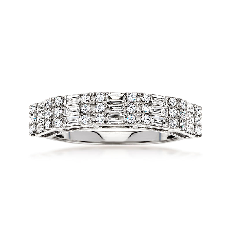 10kt white gold diamond band with round and baguette stones, bezel-set