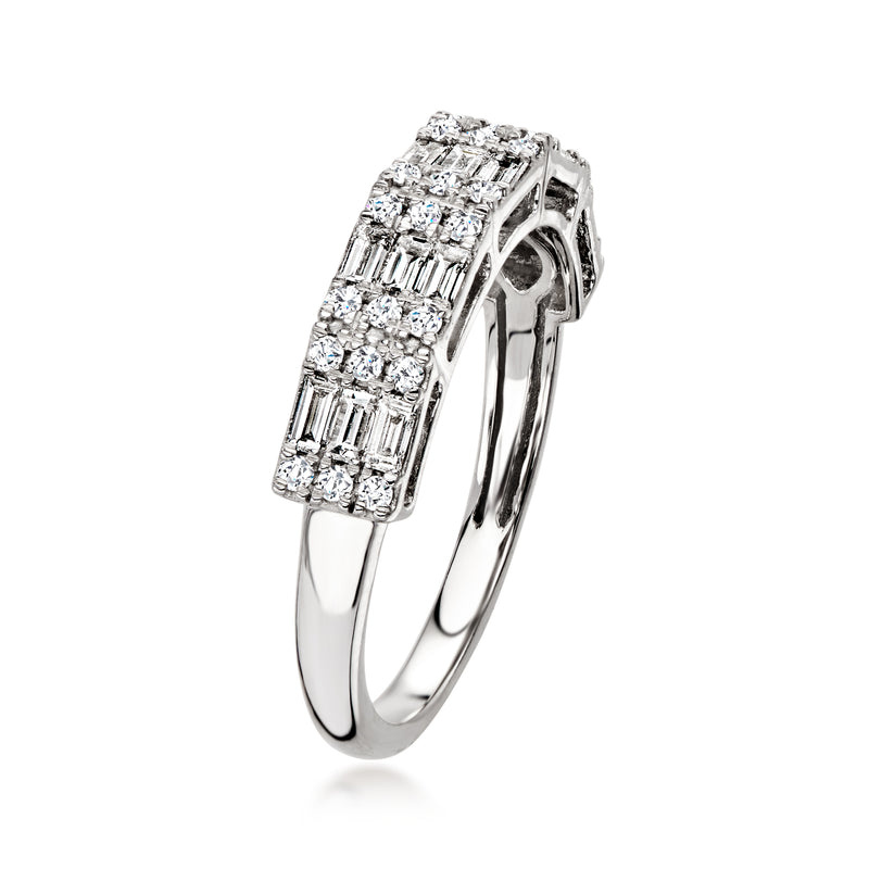 10kt white gold diamond band ring angled view with baguette-cut and round stones
