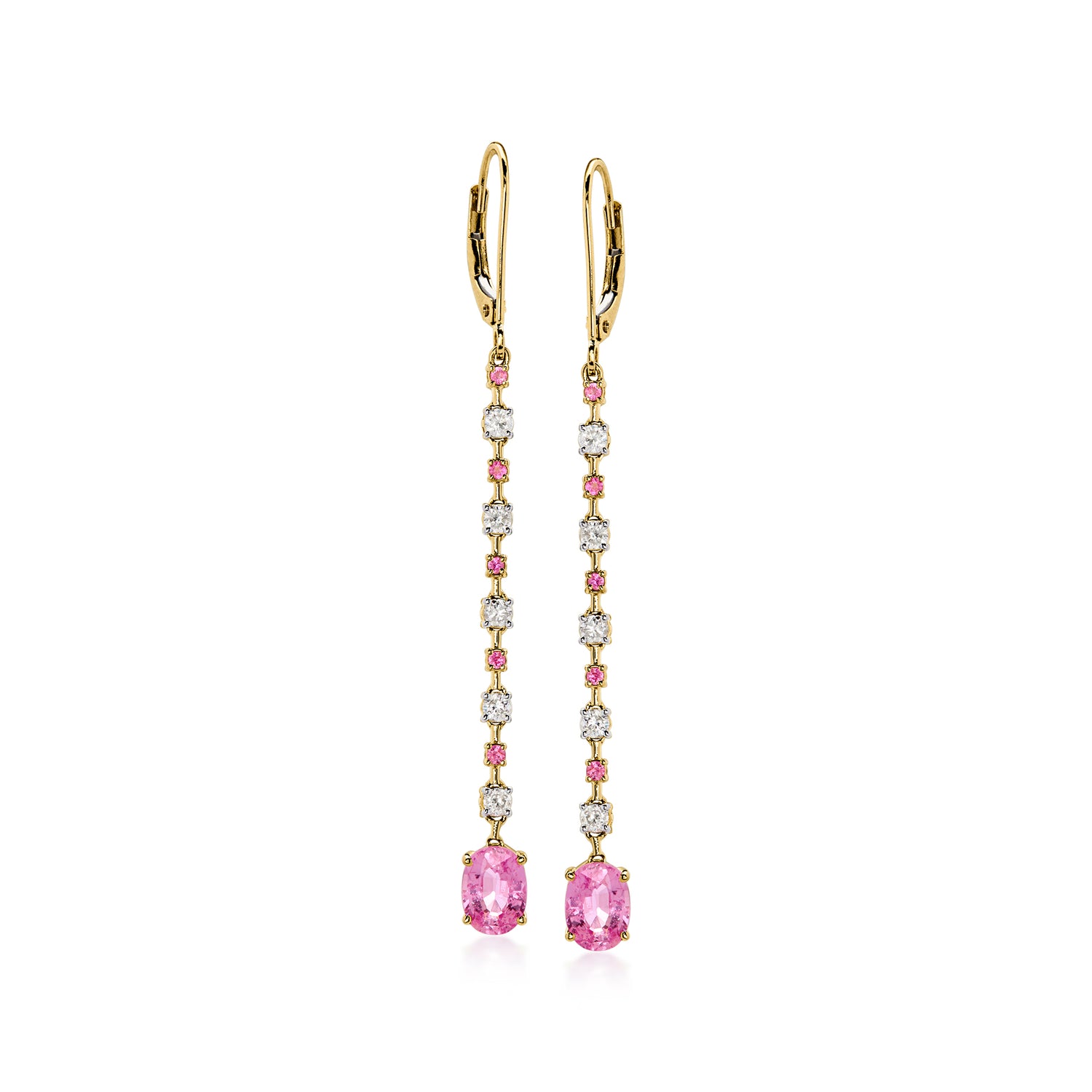 2.20 ct. t.w. Pink Sapphire and .35 ct. t.w. Diamond Linear Drop Earrings in 14kt Yellow Gold