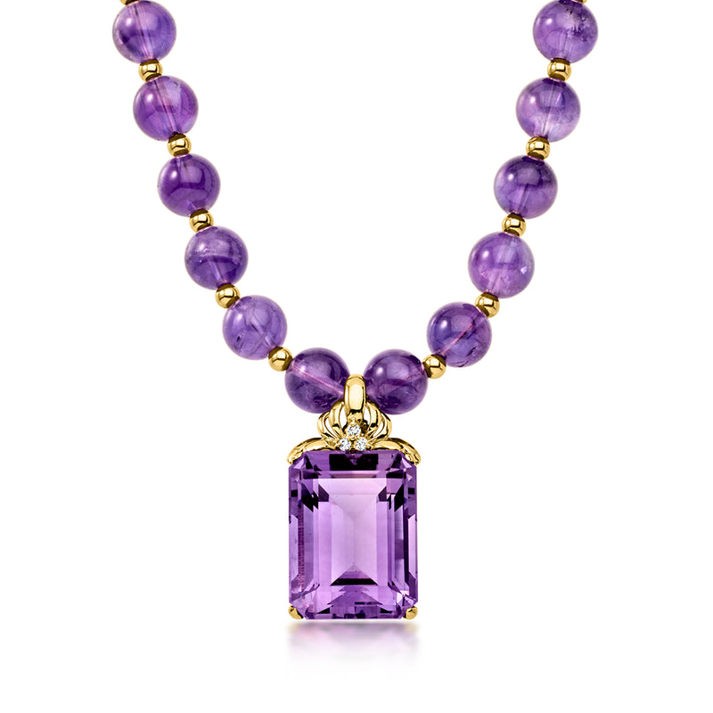C. 1980 Vintage 135.50 ct. t.w. Amethyst Bead Drop Necklace with Diamonds in 14kt Yellow Gold. 21"