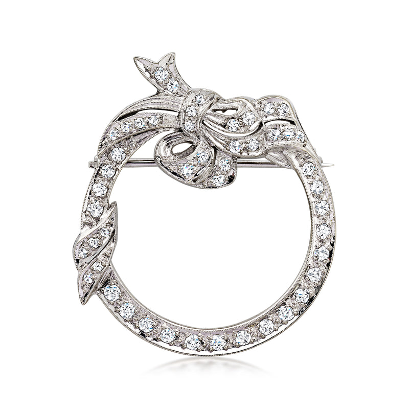 C. 1970 Vintage .90 ct. t.w. Diamond Circle Ribbon Pin in 14kt White Gold
