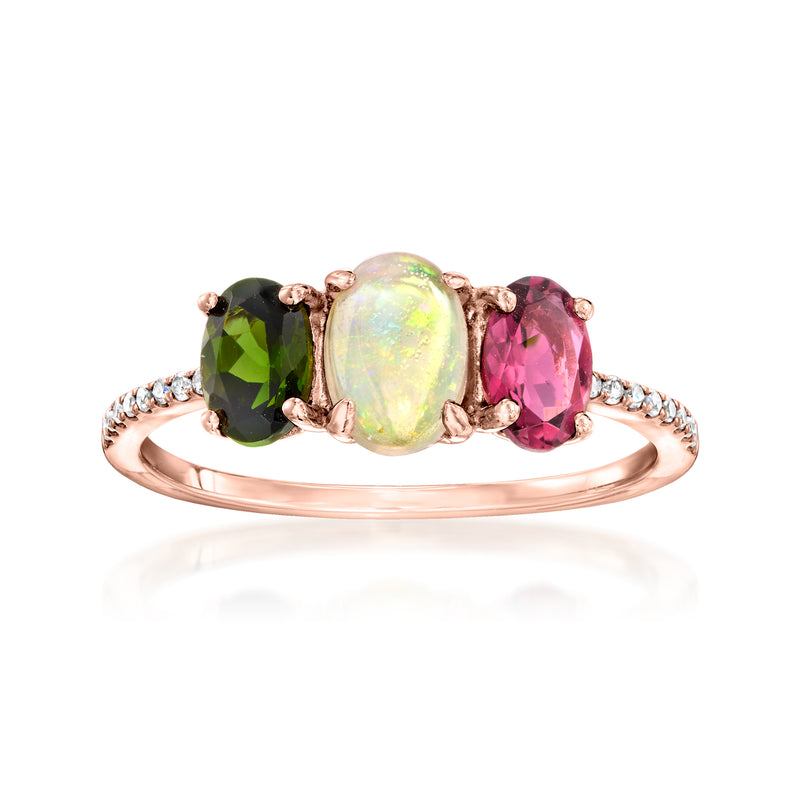Opal, .50 Carat Green and .40 Carat Pink Tourmaline Ring with Diamonds in 10kt Rose Gold