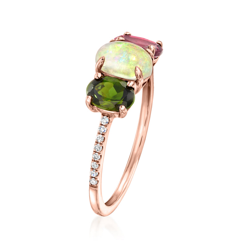 Opal, .50 Carat Green and .40 Carat Pink Tourmaline Ring with Diamonds in 10kt Rose Gold