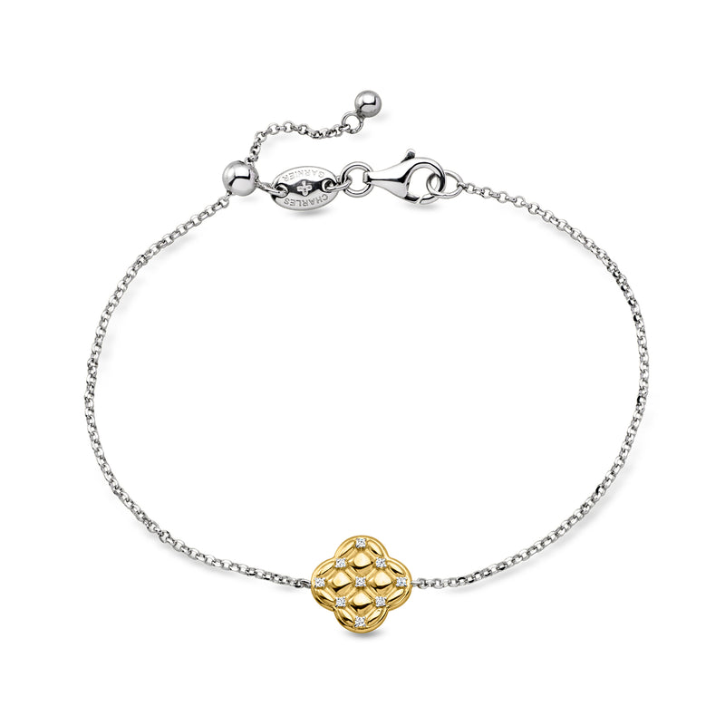 Charles Garnier "Quilted Clover" Sterling Silver and 18kt Gold Over Sterling Bolo Bracelet with CZs