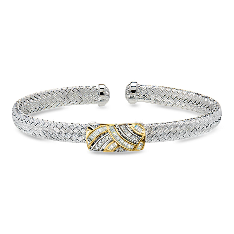 Charles Garnier .70 ct. t.w. CZ Station Woven Cuff Bracelet in Sterling Silver and 18kt Gold Over Sterling. 7.5"