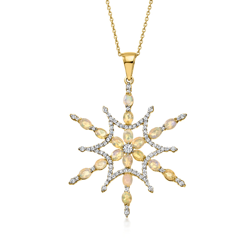 Opal and 1.10 ct. t.w. White Zircon Snowflake Pendant Necklace in 18kt Gold Over Sterling. 18"