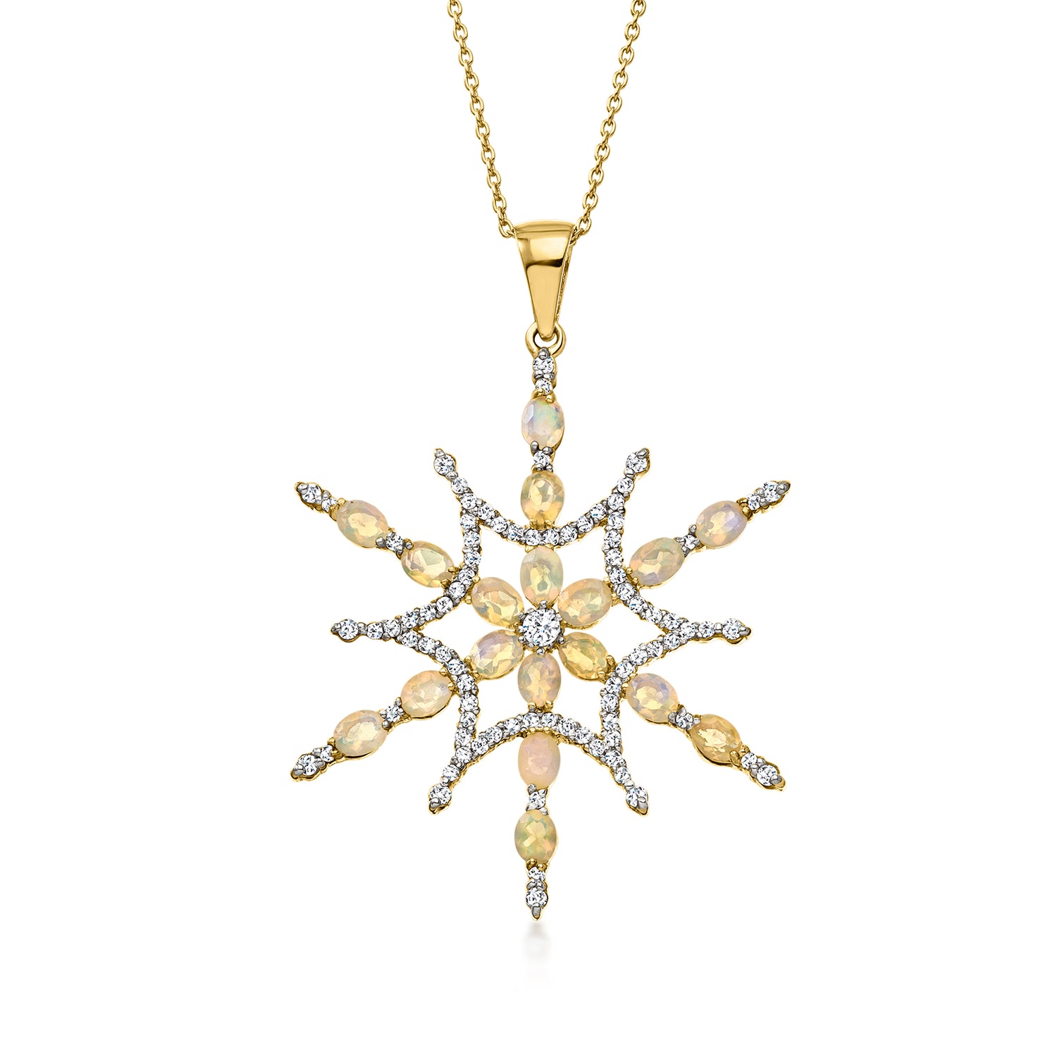 Opal and 1.10 ct. t.w. White Zircon Snowflake Pendant Necklace in 18kt Gold Over Sterling