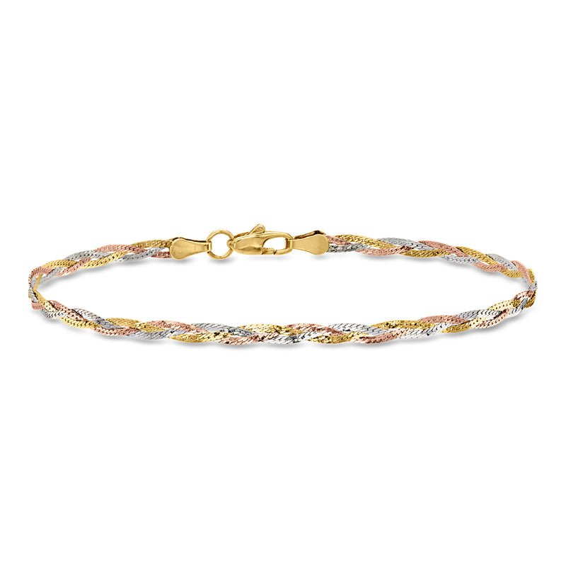 C. 1980 Vintage 14kt Tri-Colored Gold Braided Herringbone Bracelet. 7"