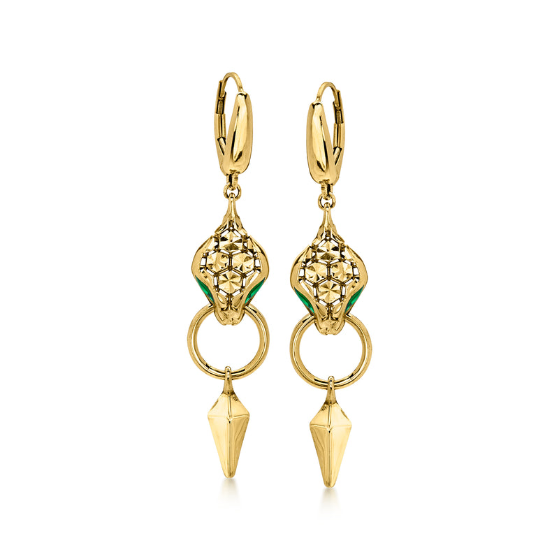 C. 2000 Vintage Simulated Emerald Snake Drop Earrings in 14kt Yellow Gold