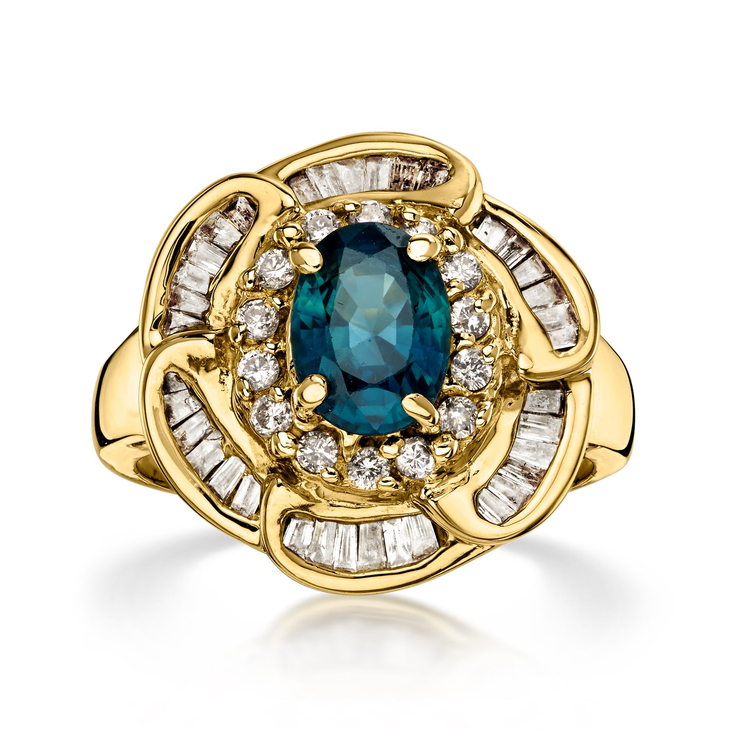 C. 1980 Vintage 1.65 Carat Sapphire Flower Ring with .75 ct. t.w. Diamonds in 14kt Yellow Gold