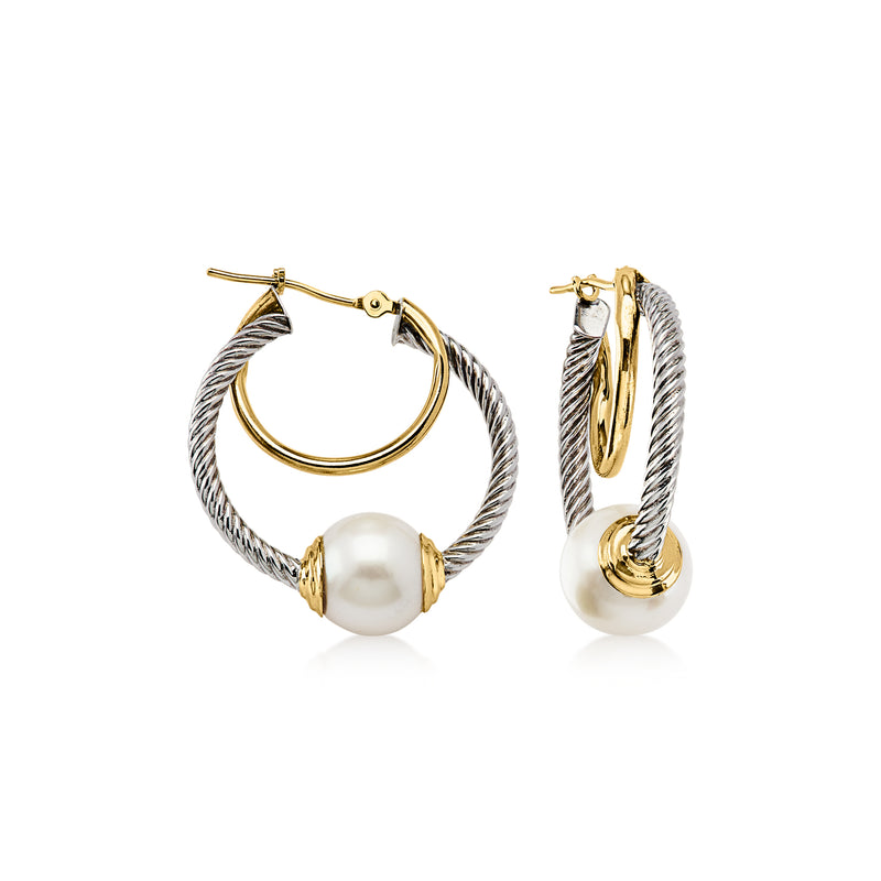 C. 1980 Vintage 8.5mm Cultured Pearl Hoop Earrings in Sterling Silver and 14kt Yellow Gold. 1"