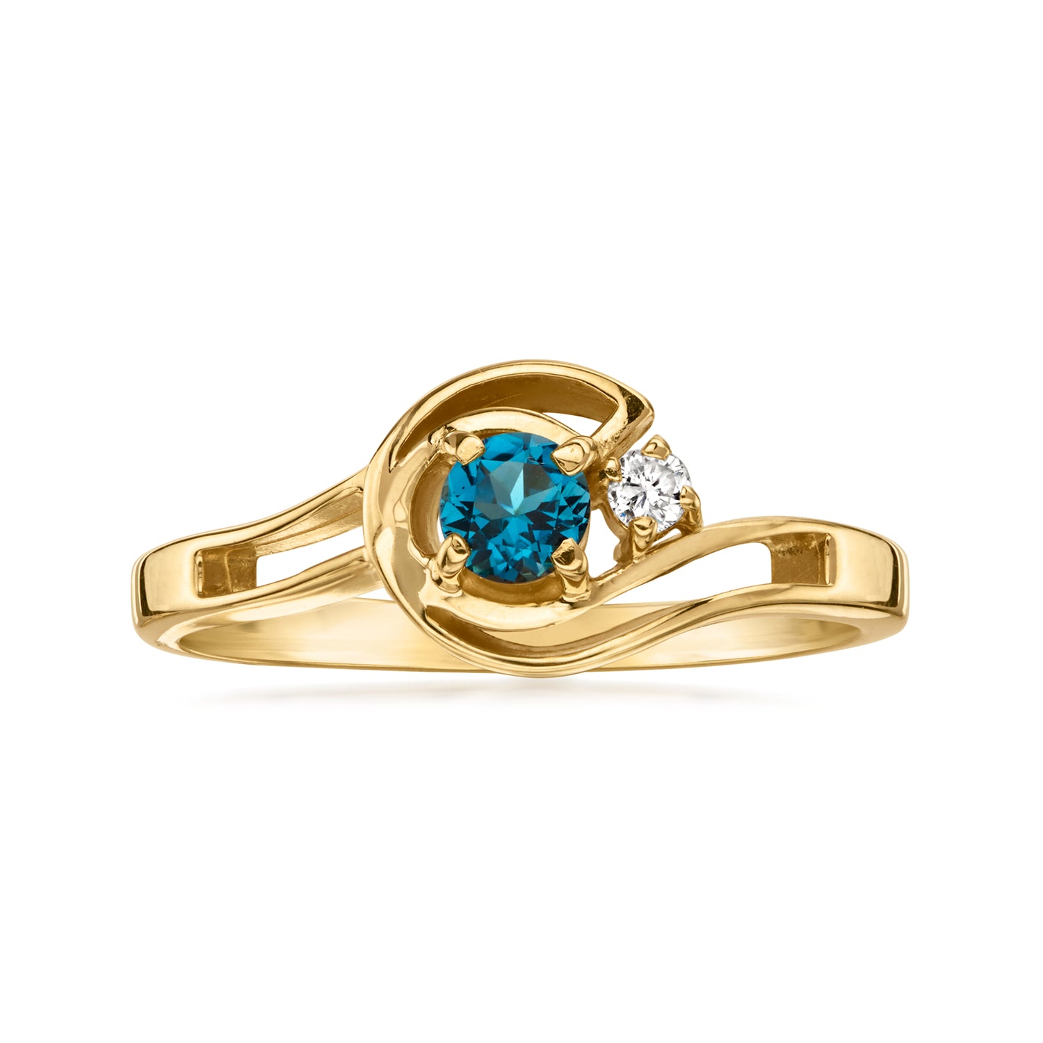 C. 1980 Vintage .25 Carat Swiss Blue Topaz Ring with Single Diamond in 14kt Yellow Gold