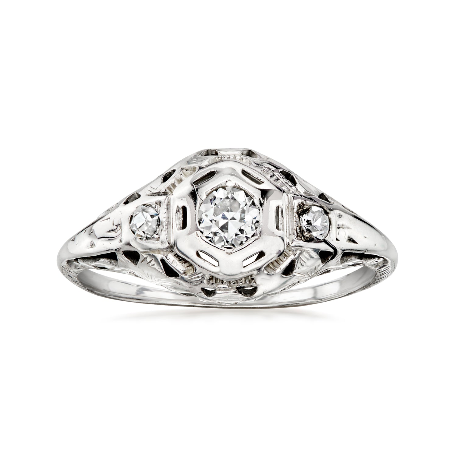 Pre-owned Ross-simons C. 1950 Vintage .23 Ct. T.w. Diamond Openwork Ring In 14kt White Gold In Silver