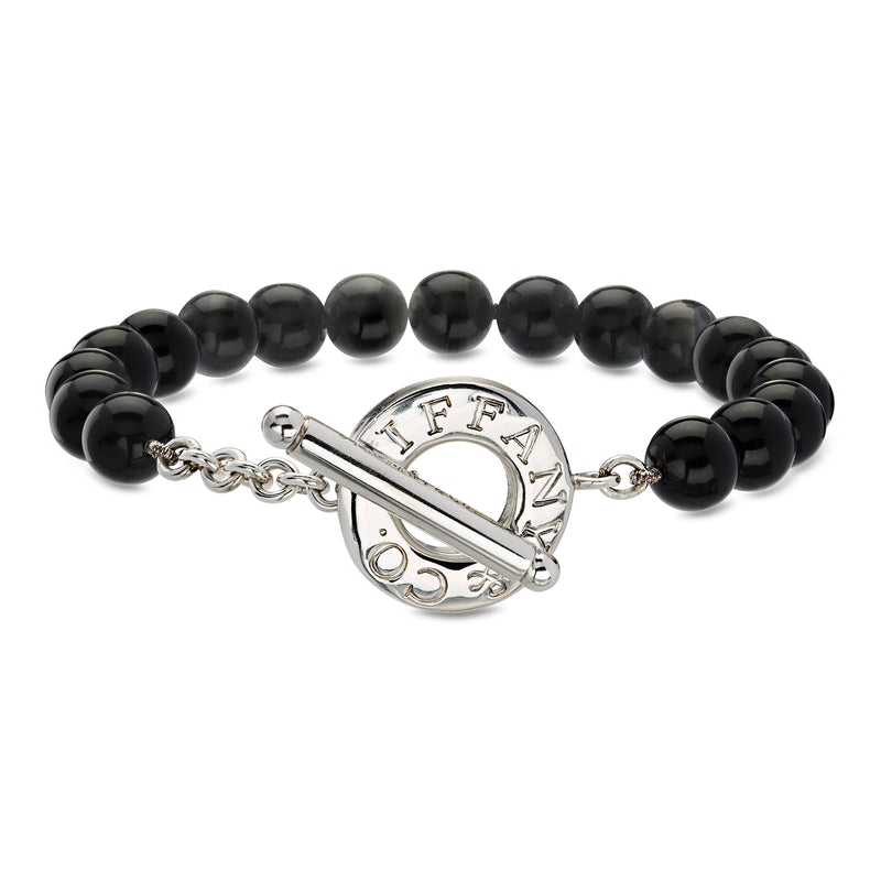 C. 1990 Vintage Tiffany Jewelry 8mm Onyx Bead Toggle Bracelet with Sterling Silver. 7"