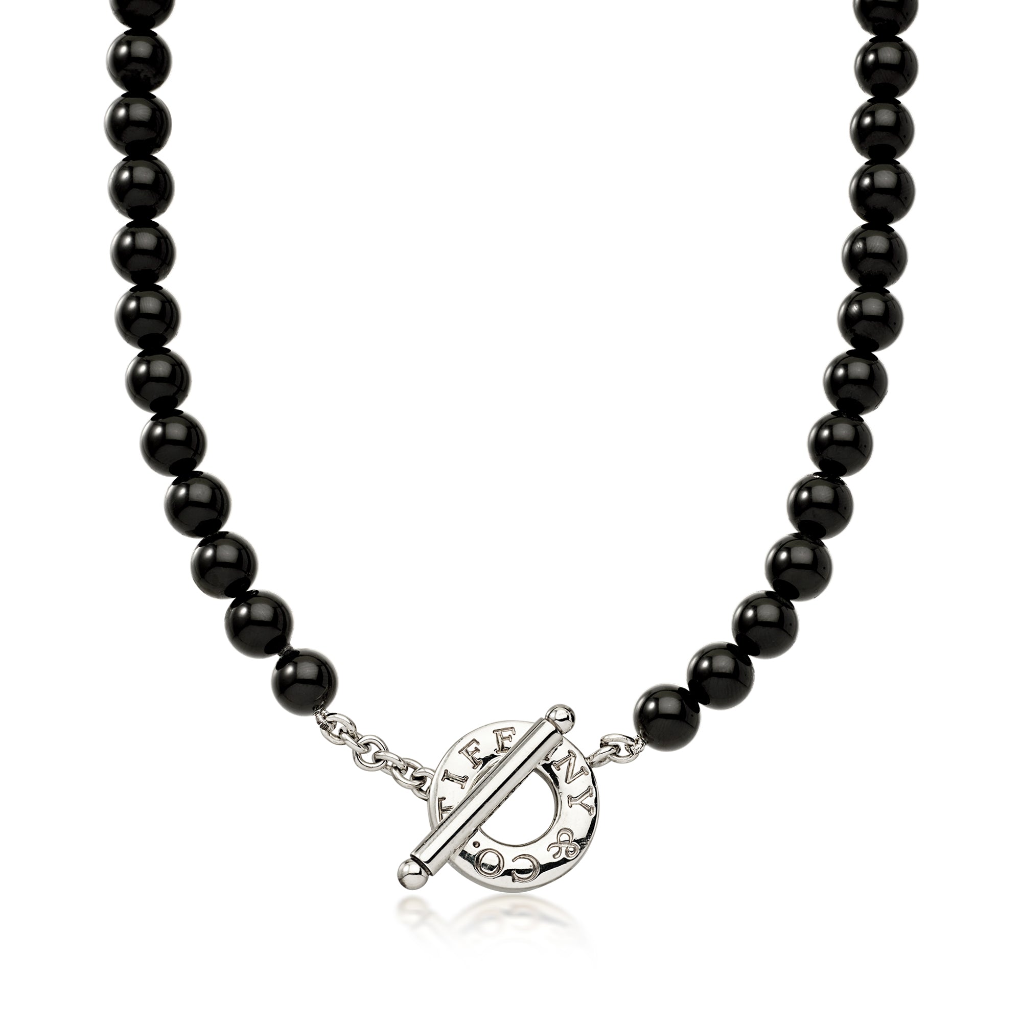 C. 1990 Vintage Tiffany Jewelry 8mm Onyx Bead Toggle Necklace with Ste