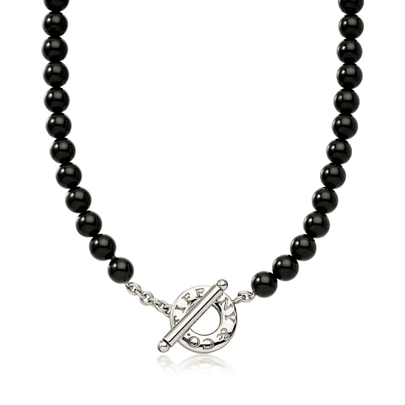 C. 1990 Vintage Tiffany Jewelry 8mm Onyx Bead Toggle Necklace with Sterling Silver. 16"