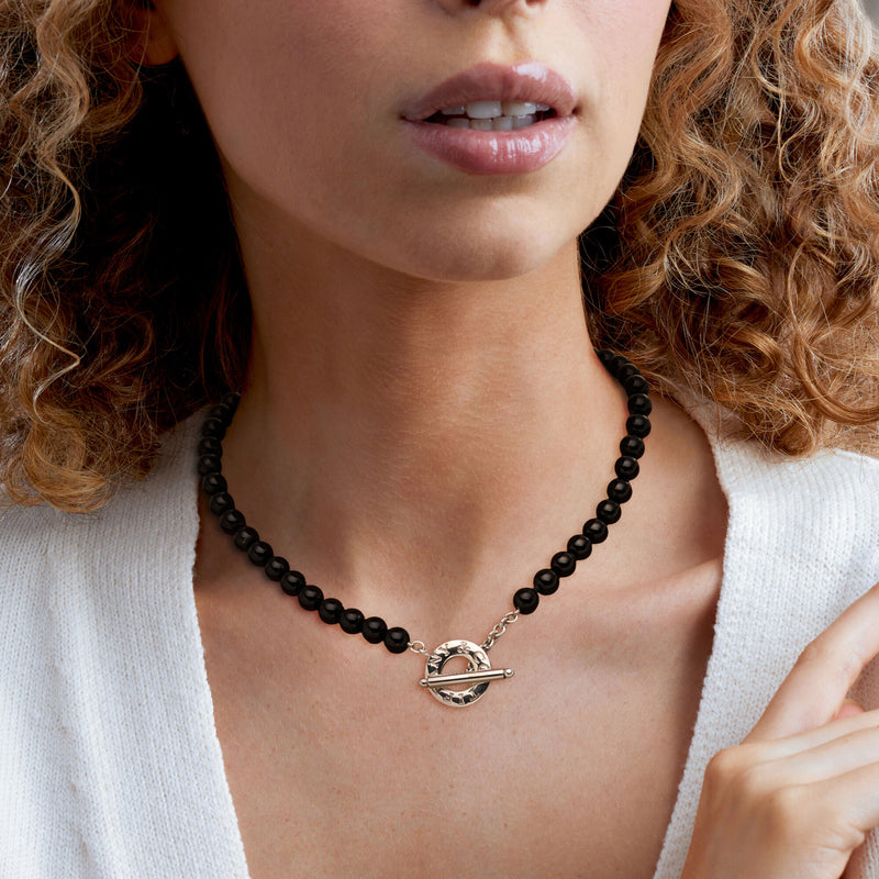 C. 1990 Vintage Tiffany Jewelry 8mm Onyx Bead Toggle Necklace with Sterling Silver. 16"