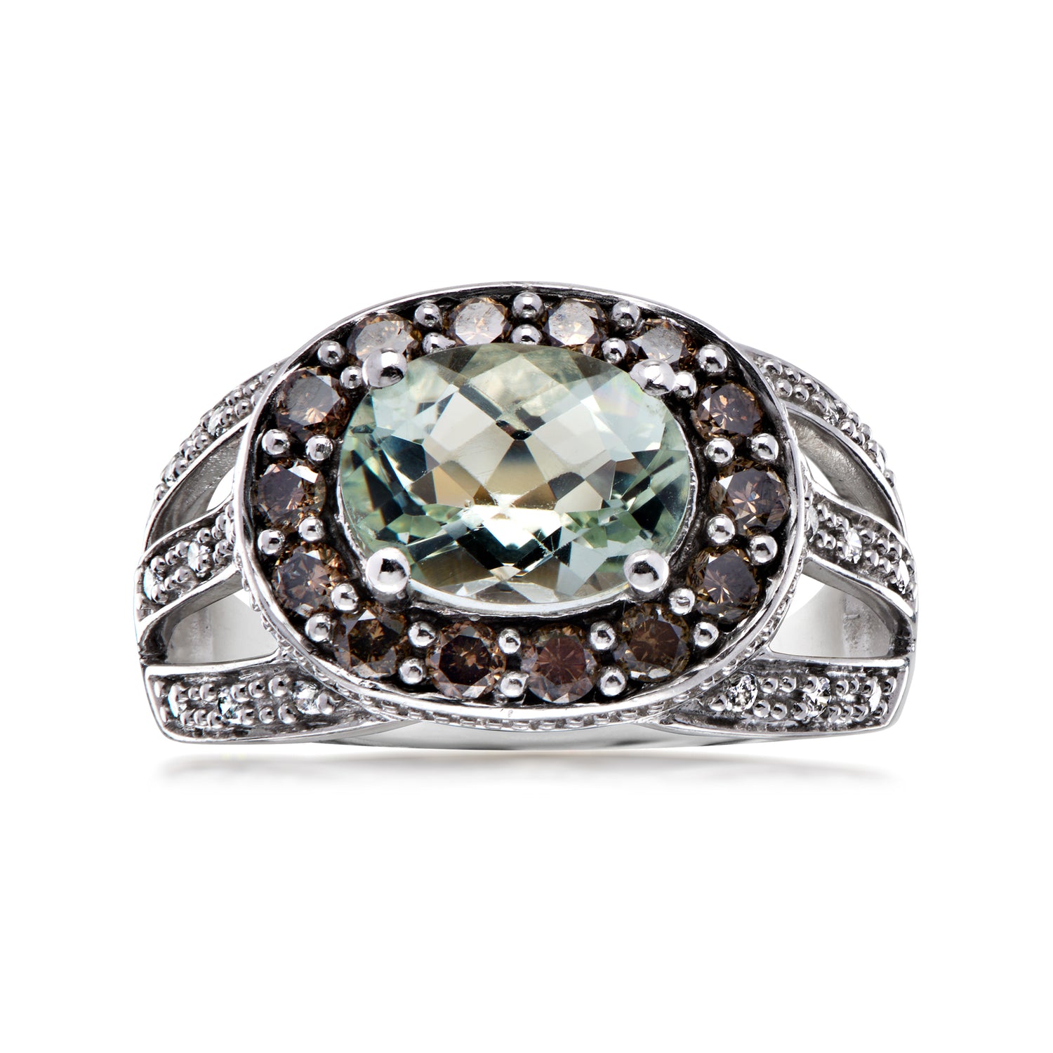 C. 1990 Vintage 2.00. Carat Prasiolite Ring with .83 ct. t.w. Brown and White Diamonds in 14kt White Gold