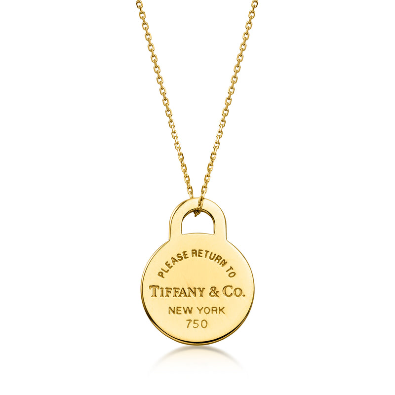 C. 1990 Vintage Tiffany Jewelry 18kt Yellow Gold Round Tag Pendant Necklace. 18"