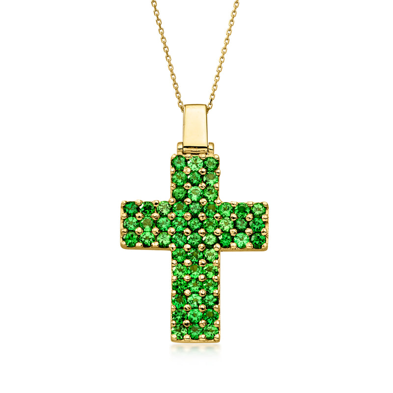 C. 1980 Vintage 3.25 ct. t.w. Tsavorite Cross Pendant Necklace in 18kt Yellow Gold. 18"