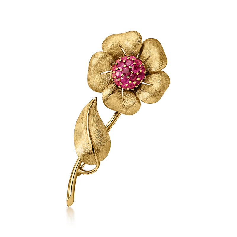 C. 1970 Vintage 2.50 ct. t.w. Ruby Flower Pin in 14kt Yellow Gold